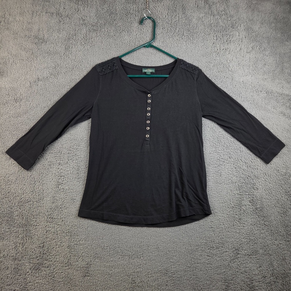 Lauren Ralph Lauren Women's Henley Top Small Black 3/4 Sleeve Crochet Shoulder